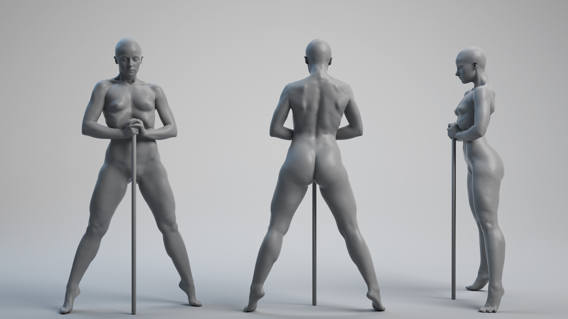 Female posture posing with sword prop in three dimensional model